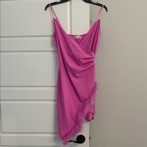 Elegant Bubblegum Pink Feather-Trim Dress